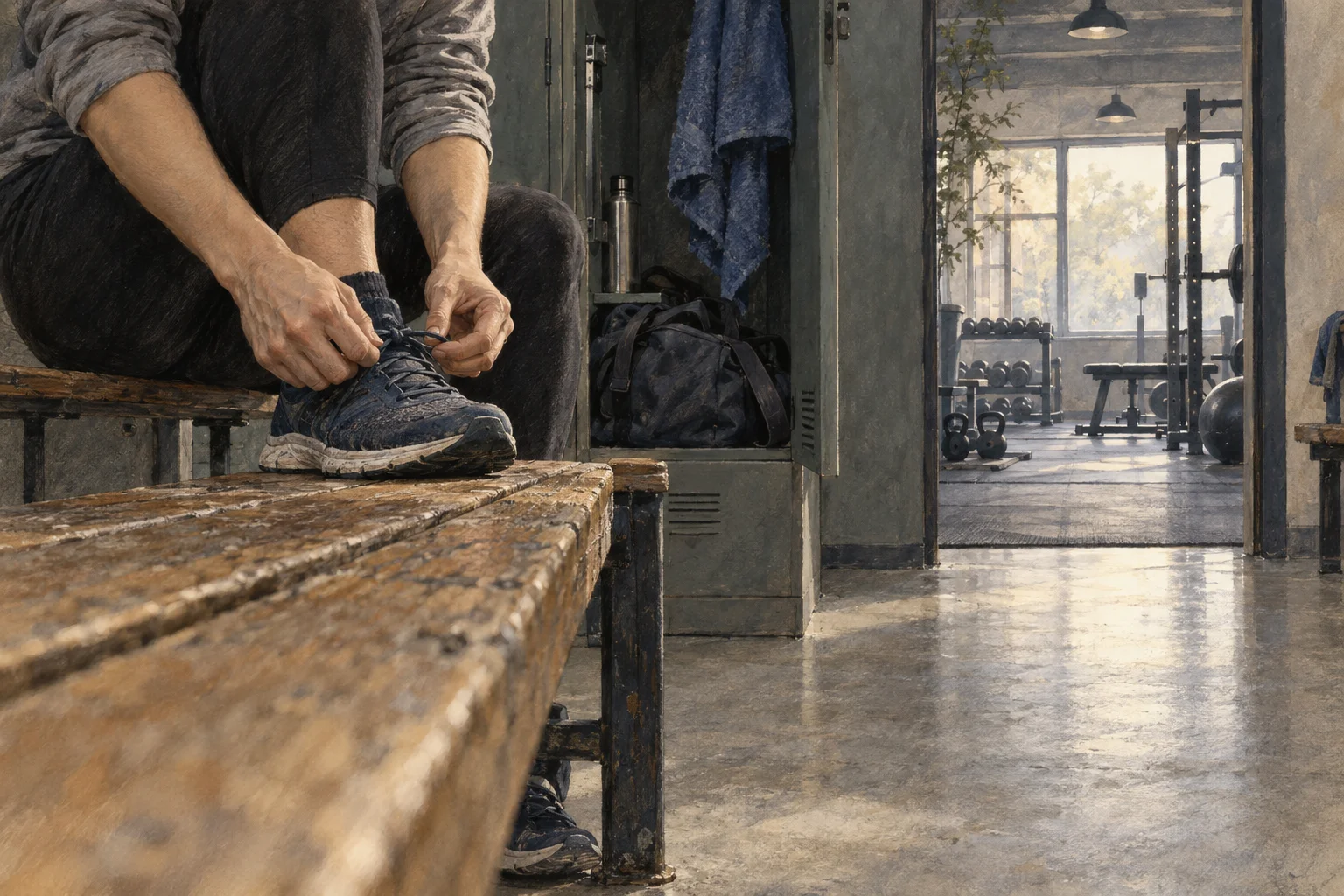 A person ties a gym shoe on a worn bench beside their open locker, ready for another ordinary workout.