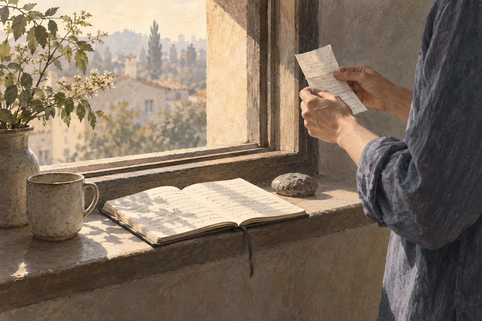 At a sunlit morning window, a person holds a short sheet beside an open notebook.
