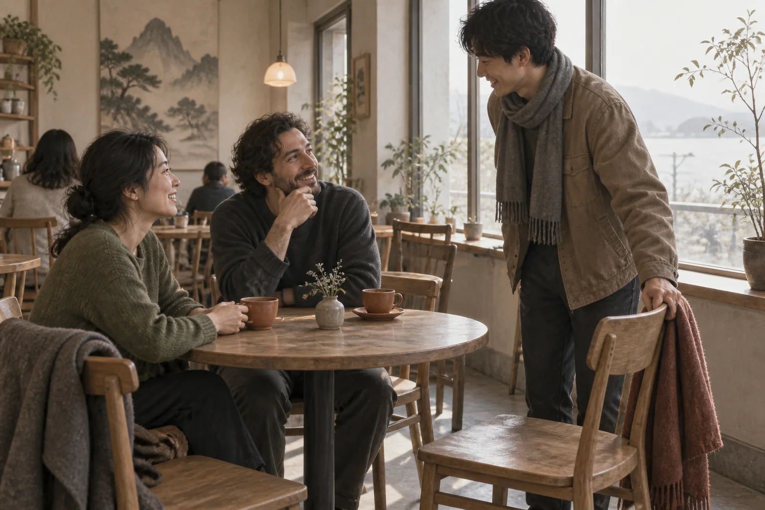 Friends make room at a coffee-shop table for another person to join their conversation.