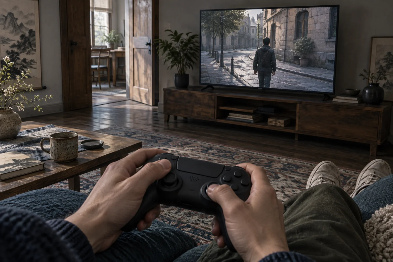 A player holds a game controller while a character stands on a street on the television.