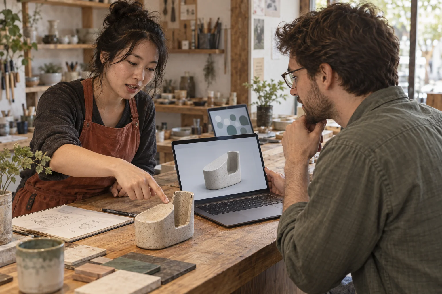 A customer points out a practical constraint while testing a laptop prototype with its maker.