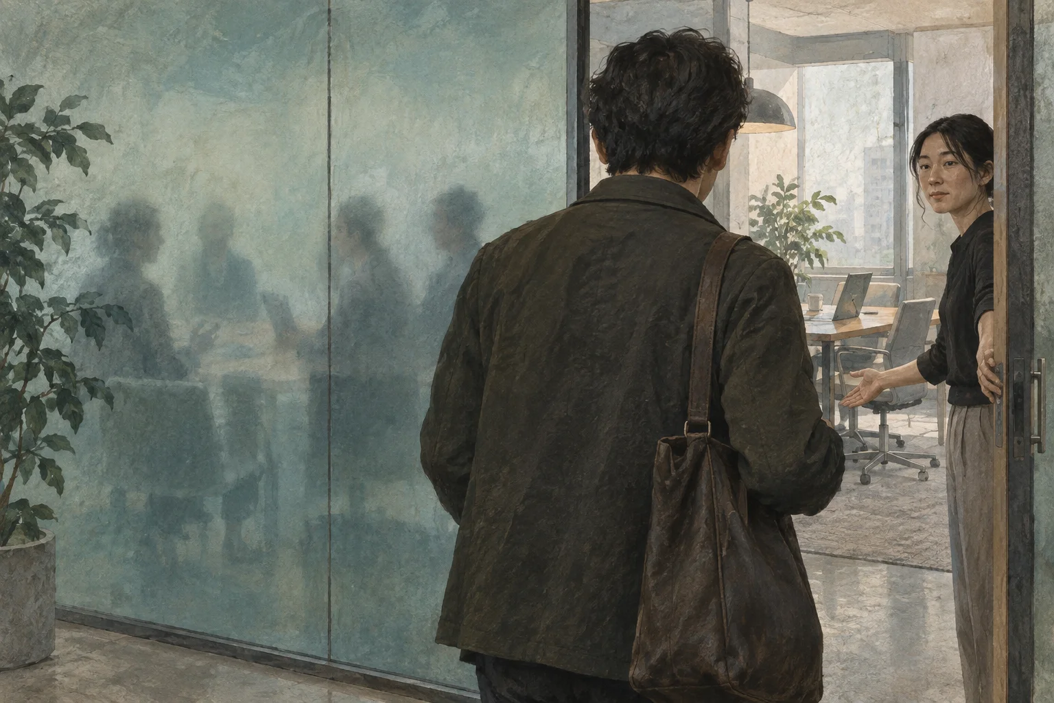 A person approaches a colleague through an open doorway beside a frosted-glass wall.