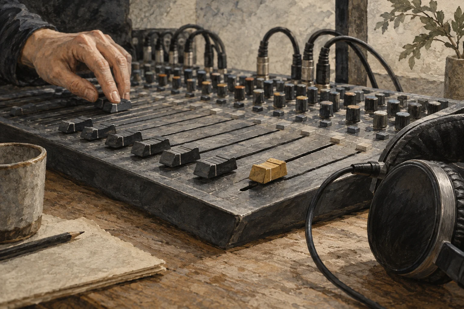 A hand adjusts one fader on a mixing desk beside headphones and connected audio cables.