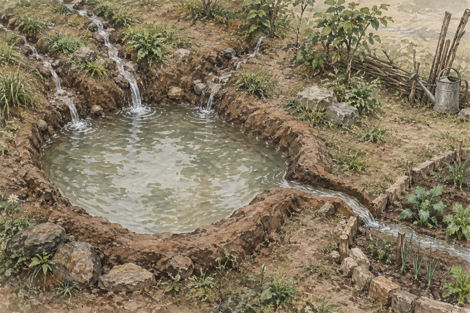 Several trickles collect in a dug basin and leave through a spillway toward a planting bed.