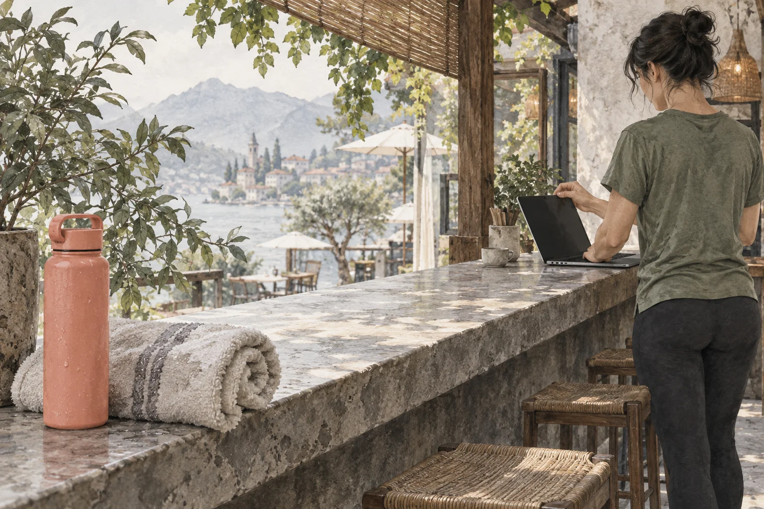 Someone opens a laptop at a cafe straight after exercise, with towel and water bottle beside them.