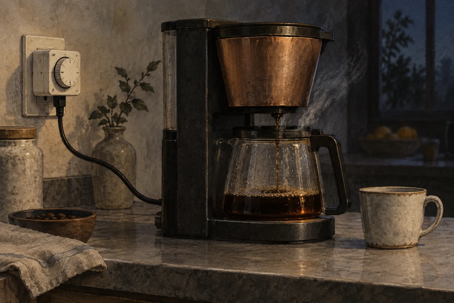 A coffee maker brews beside a wall timer in a dimly lit, empty kitchen.