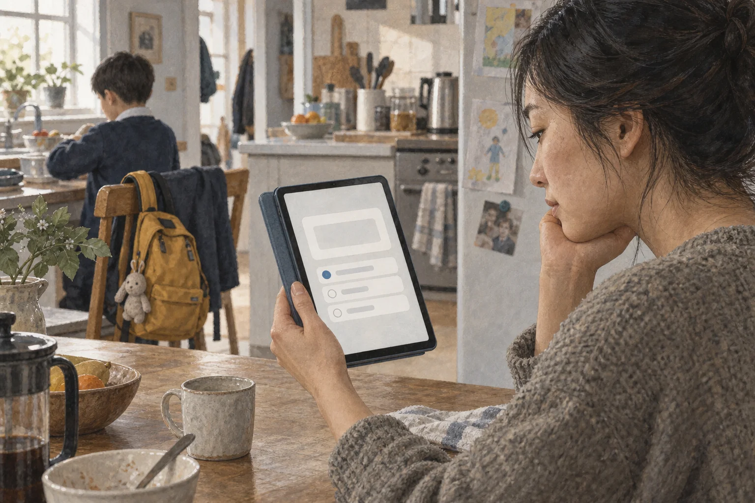A person answers one question on a tablet while the shared household around them supplies practical constraints.