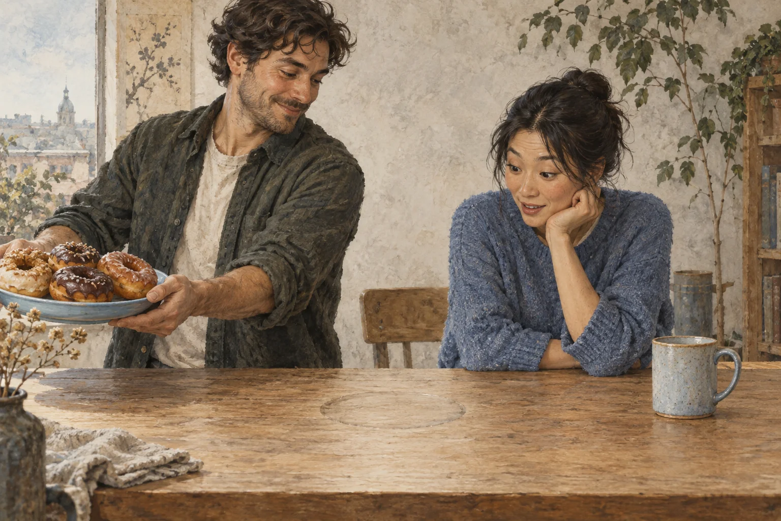 Two people notice what changes when a plate of donuts is taken off the table.