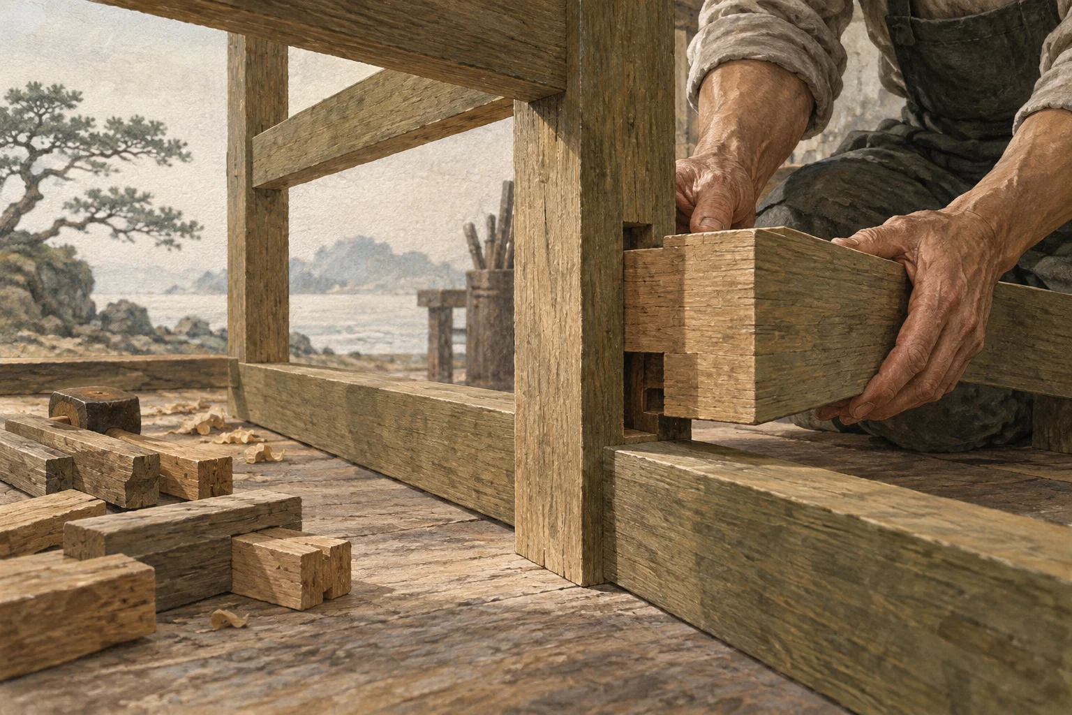 A new timber part fits into a stable frame while unused offcuts remain beside it.