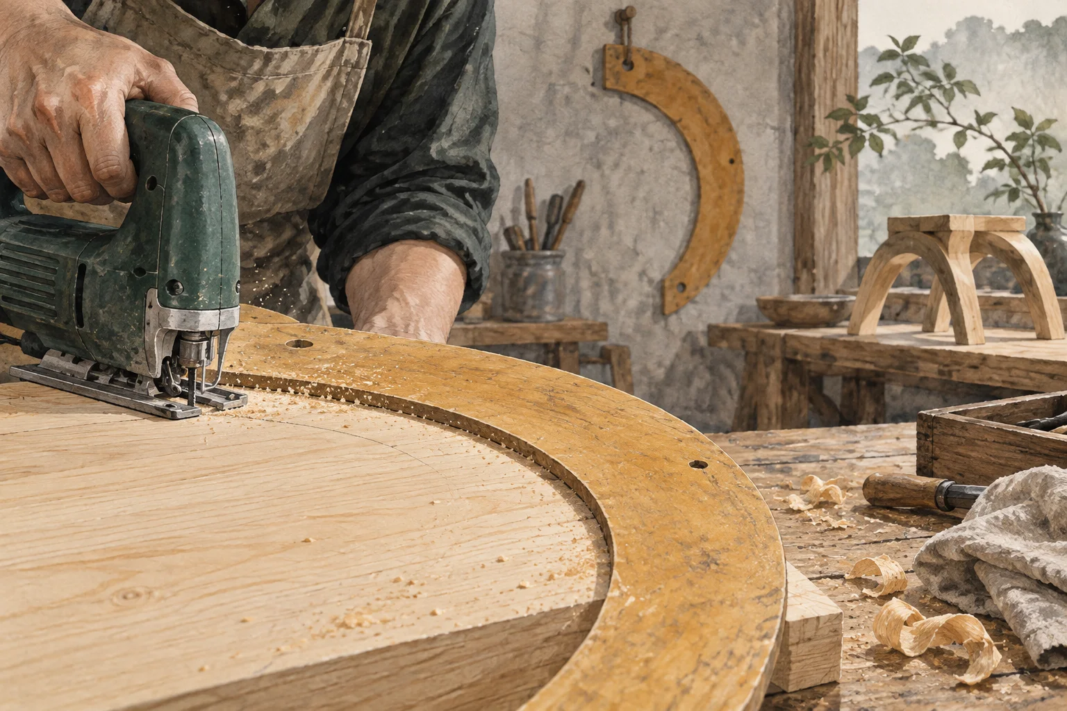 A maker reuses a worn template to shape a new part beside an earlier finished assembly.