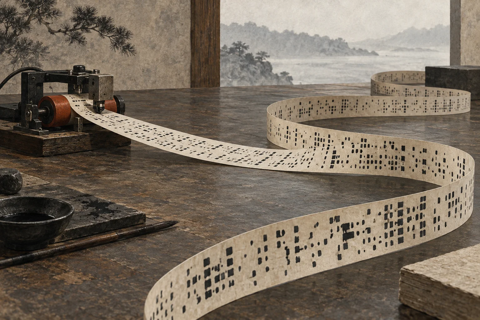 A marked paper tape passes through a read-and-write mechanism and continues across a table.