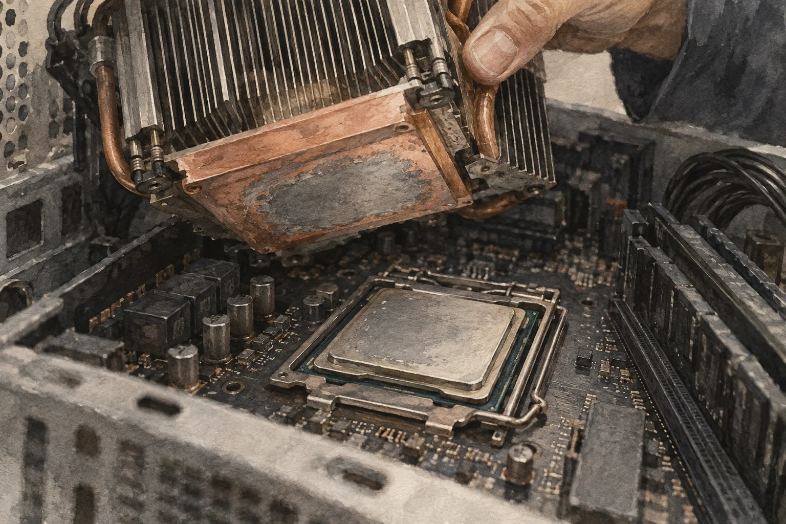 A lifted heat sink reveals the processor and its physical contact surface inside a computer.