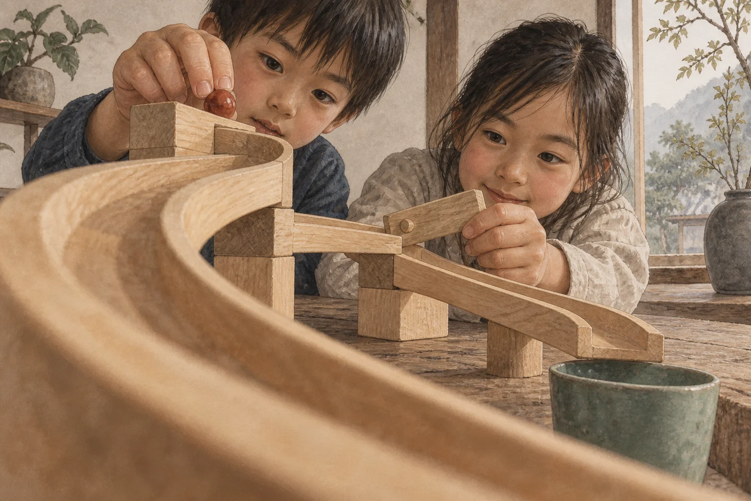 Children position a marble and a movable gate on a tabletop marble run.