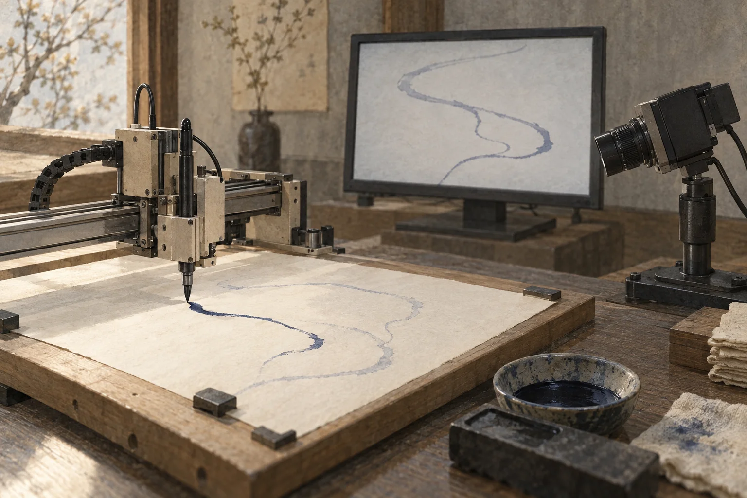 A camera observes a plotting machine’s own movement while an earlier trace is displayed beside it.