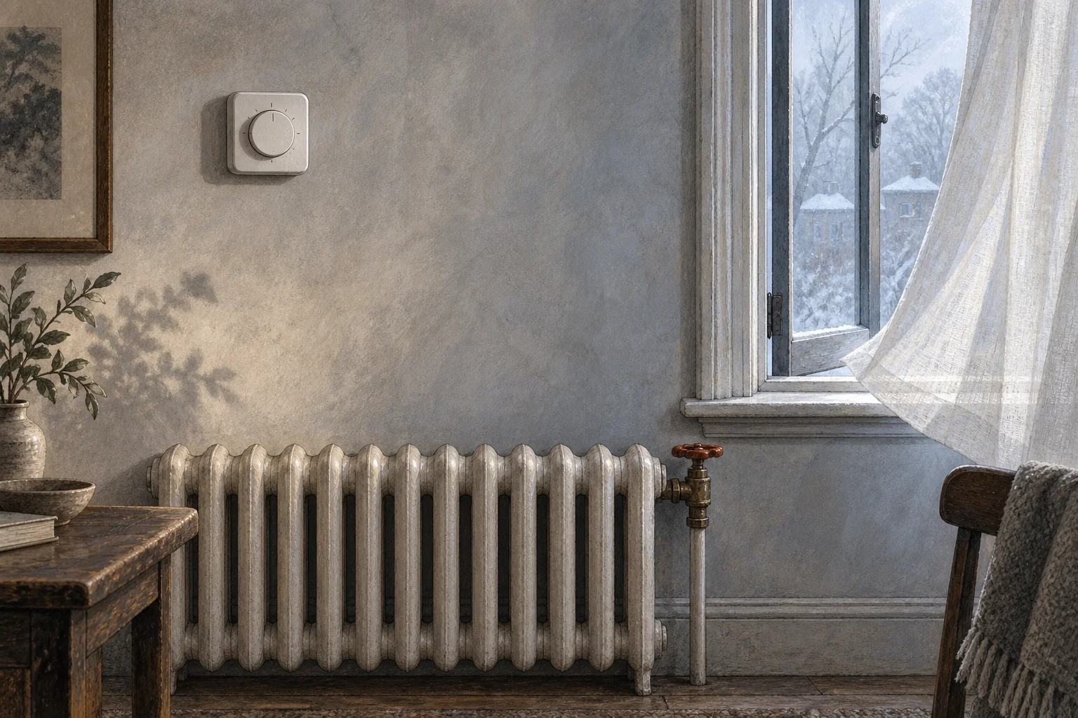 A thermostat sits above a radiator beside a slightly open window and a moving curtain.