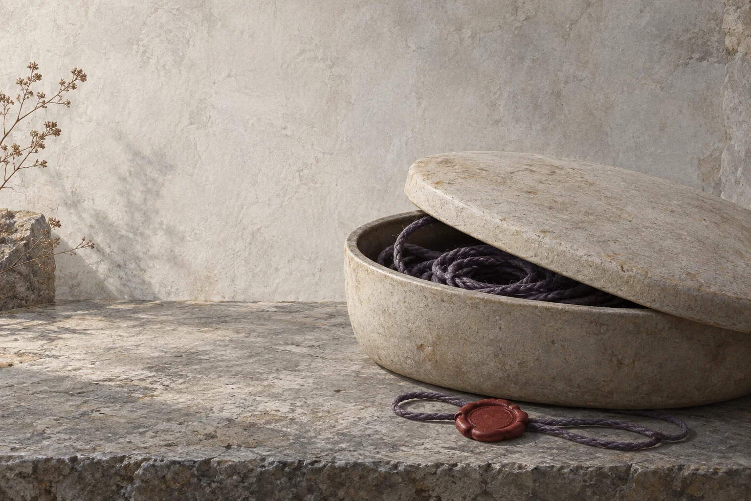 A coiled dark cord inside a plain ceramic box with its lid partly lowered.