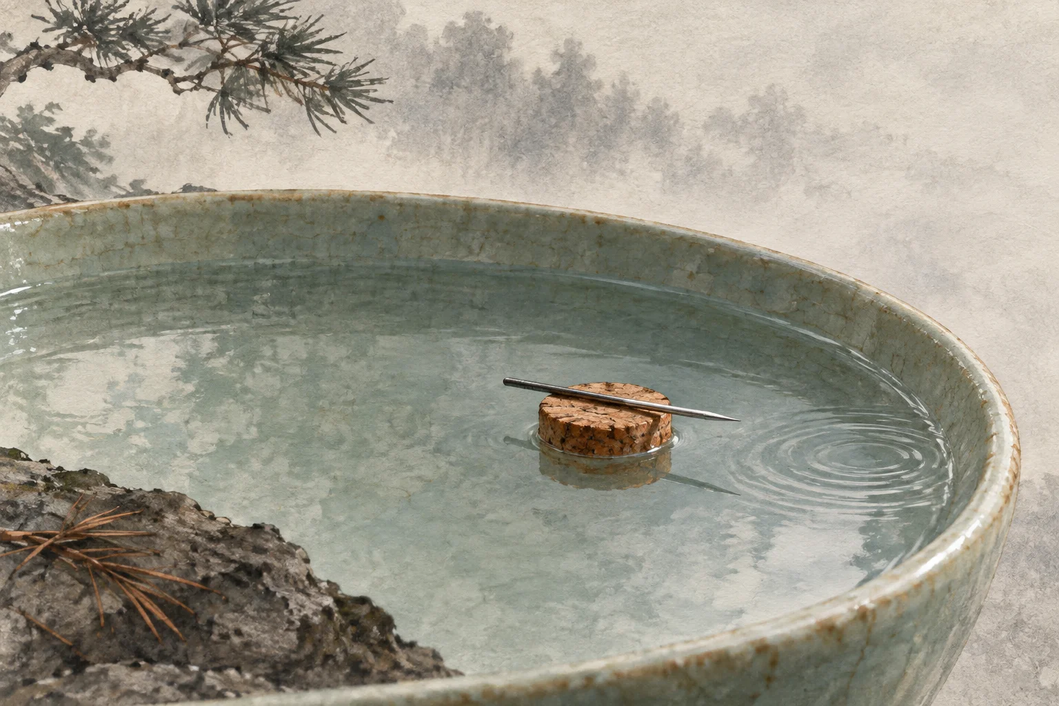 A magnetized needle floating freely on cork in a shallow celadon dish.