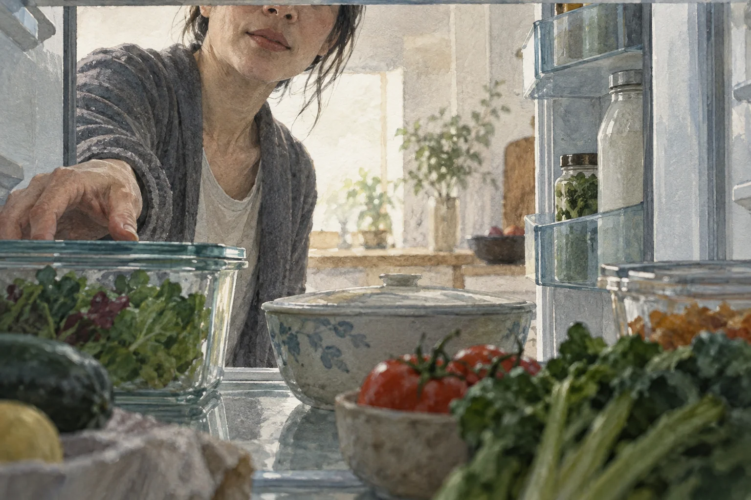 View from inside a refrigerator as a person opens it and looks toward familiar food.