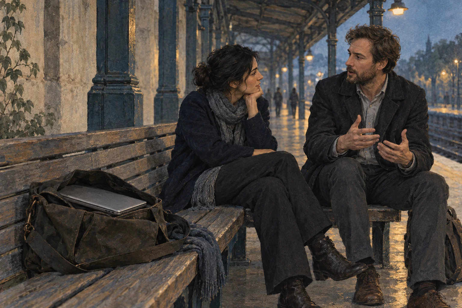 Two colleagues converse on a platform bench with a laptop put aside in a satchel.