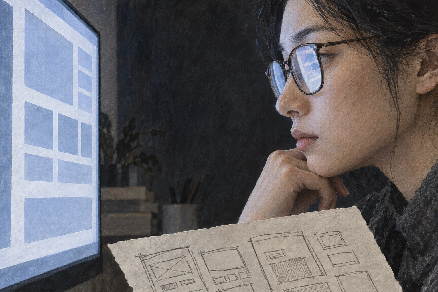 A polished interface grid reflects in a designer’s glasses above their rough original sketch.