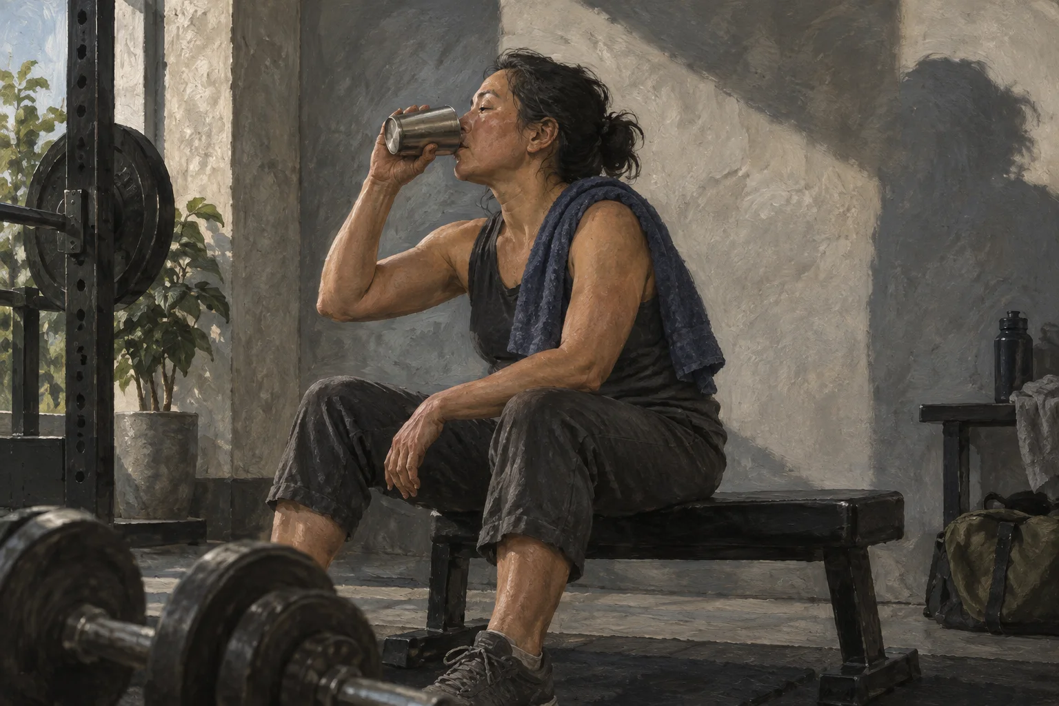 A person with a towel over one shoulder drinks from a metal cup beside weights after a workout.