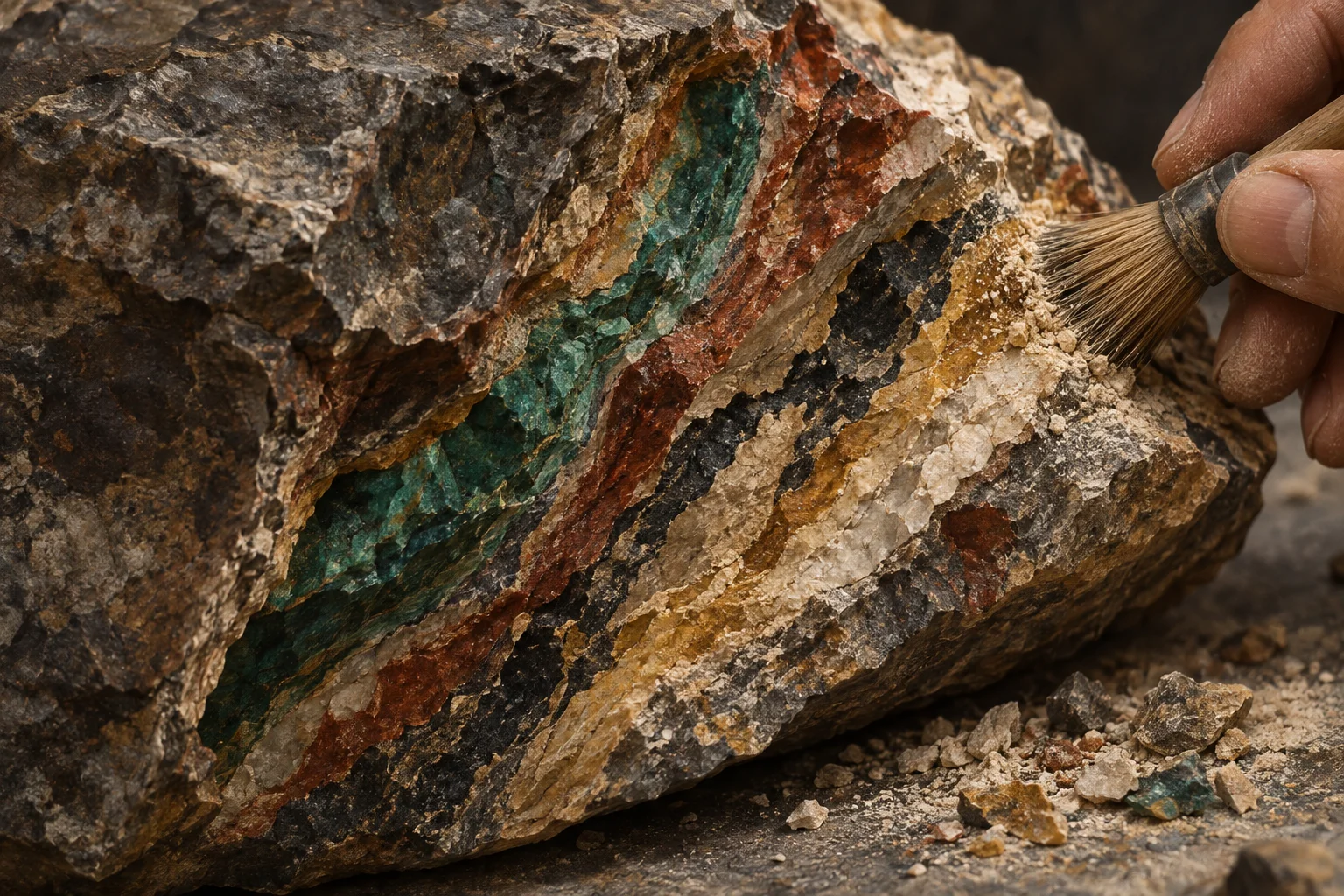 A brush clears dust from the cut face of a rough stone, exposing several different mineral seams.