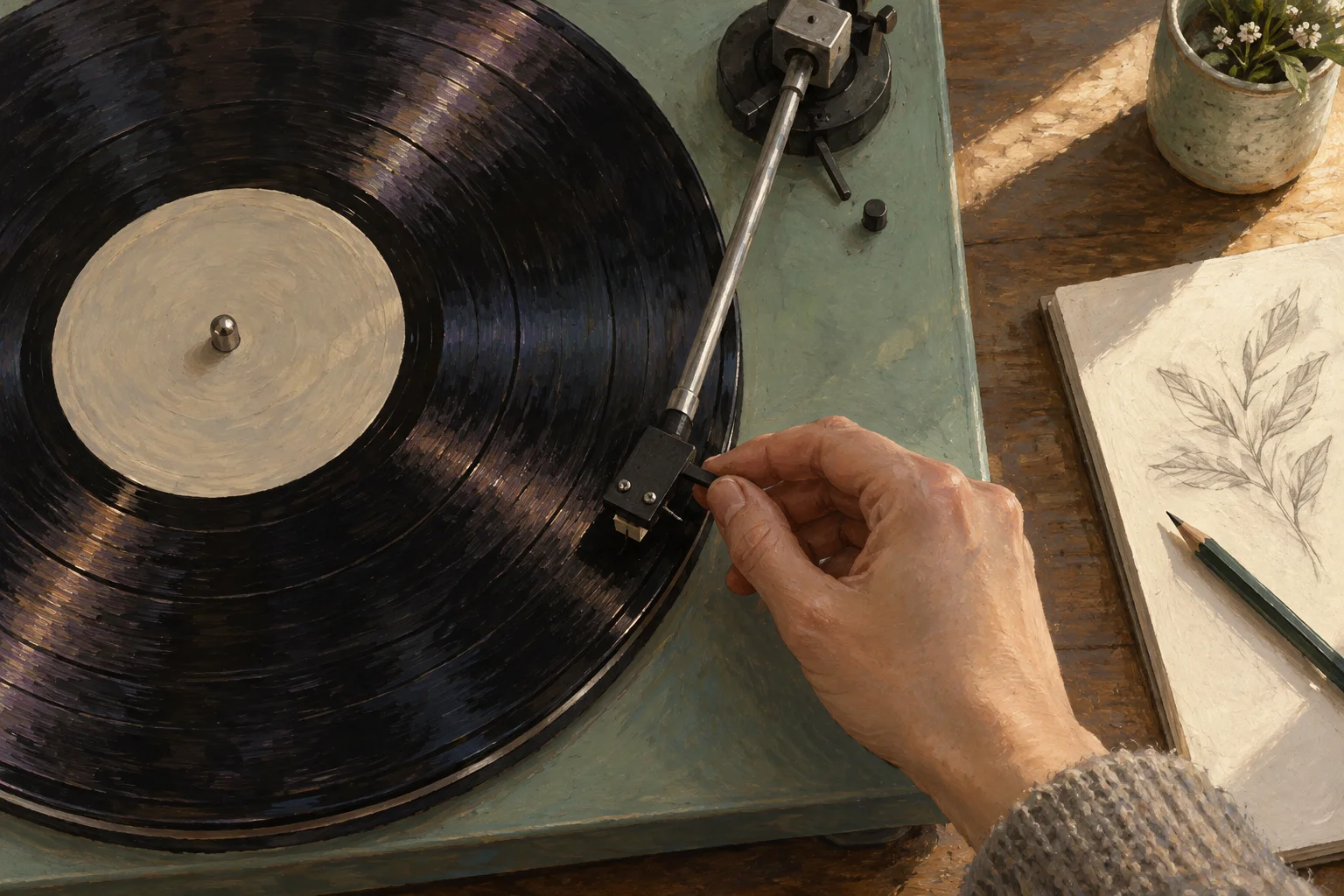 A hand lowers a tonearm onto a record beside a single prepared drawing task.