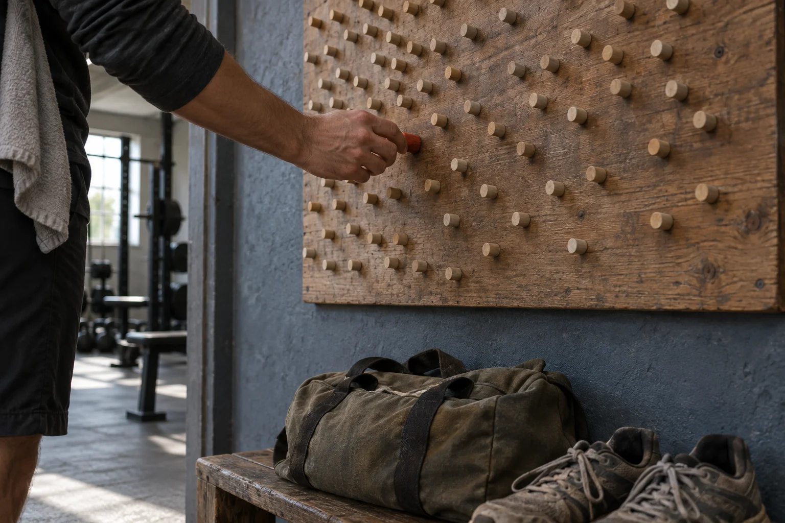 A hand adds one wooden tally to an uneven attendance board beside a gym bag and shoes.