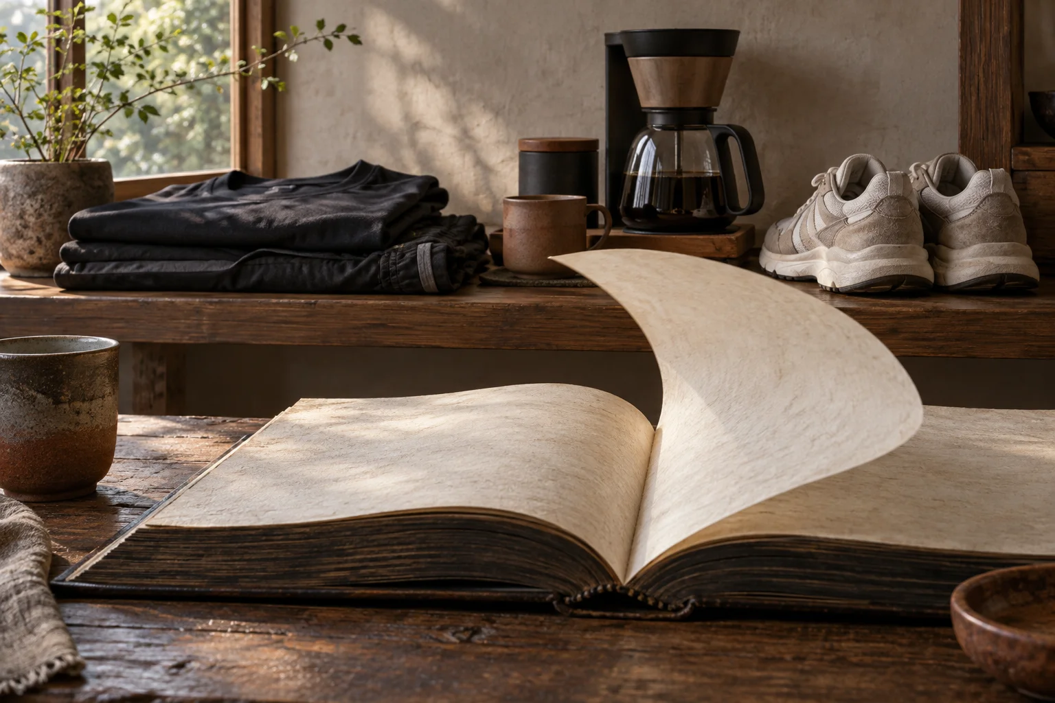 An open reference book leads the eye toward folded training clothes, prepared coffee equipment and shoes on a household shelf.