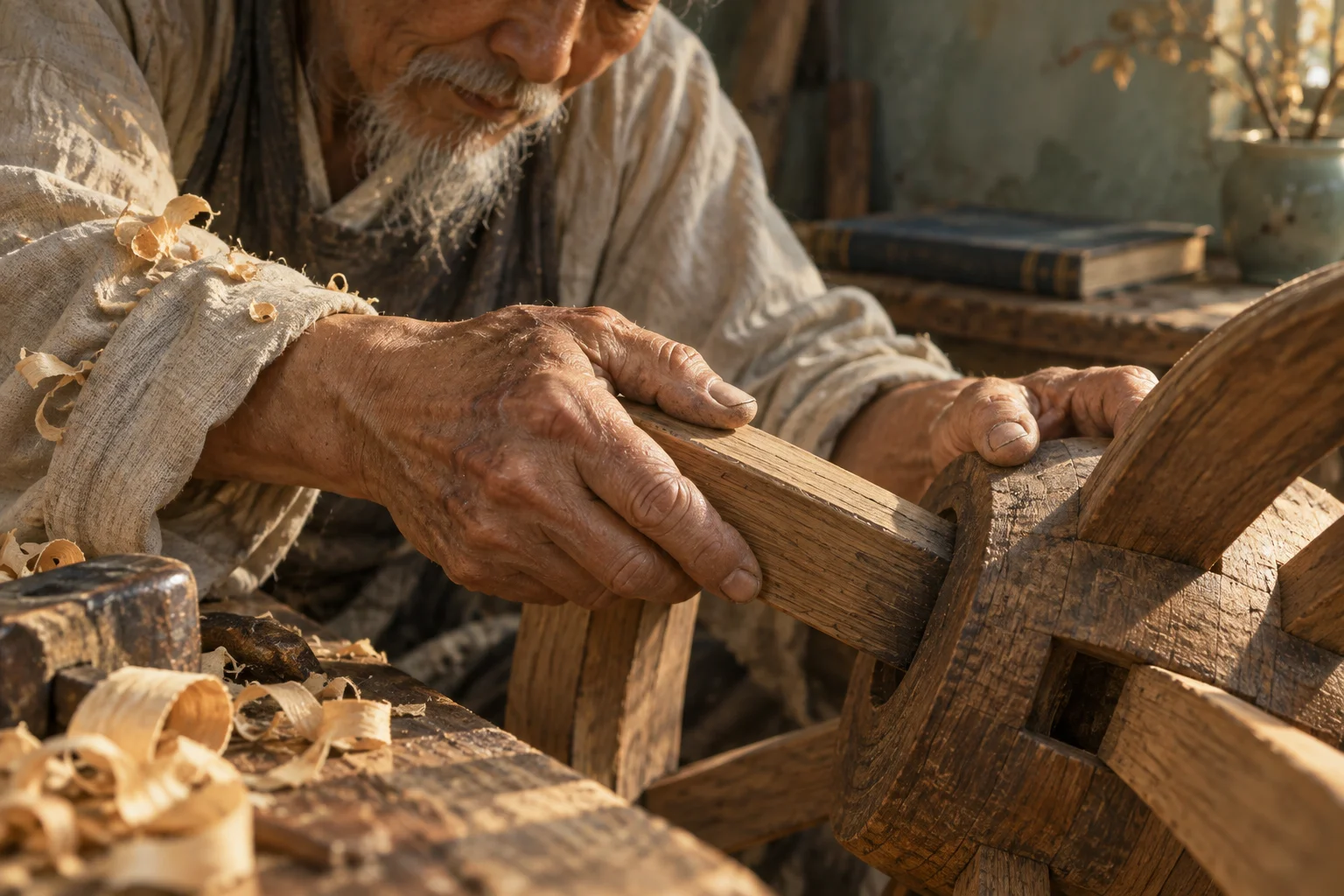 An elderly wheelwright feels the joint between a wooden spoke and hub, with shavings nearby and a book blurred behind.