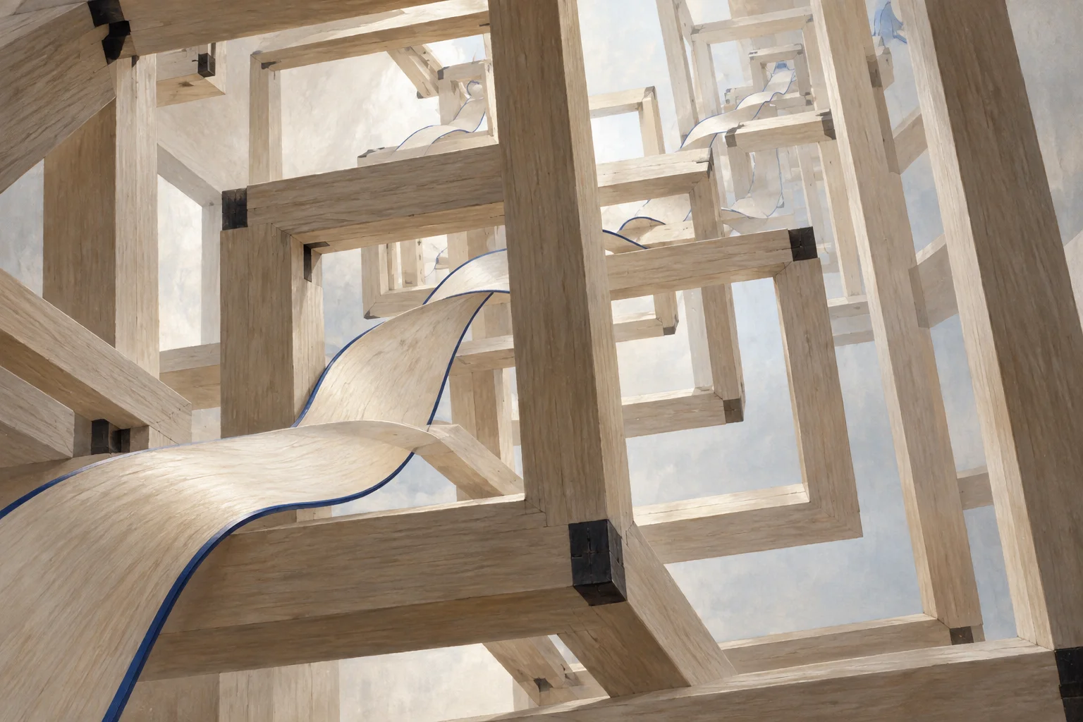 A pale ribbon passes through nested timber frames with a few lateral openings in a suspended spatial construction.