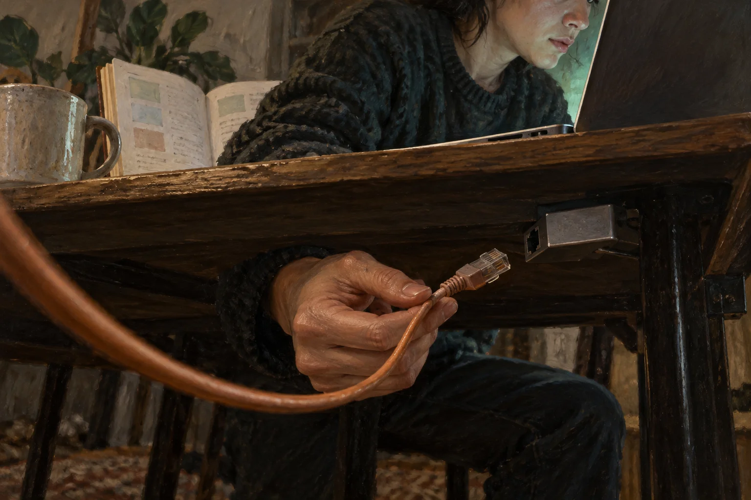 A developer unplugs a network cable while watching a laptop test, with an open workbook nearby.