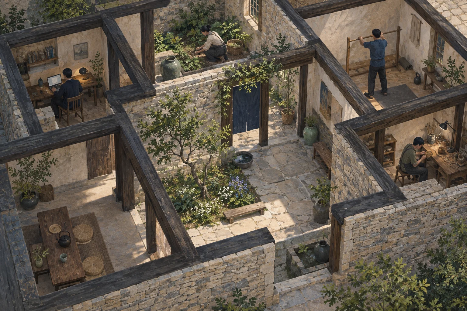 A courtyard connects a garden bed, exercise space, repair bench and modern work alcove, with people engaged in each.