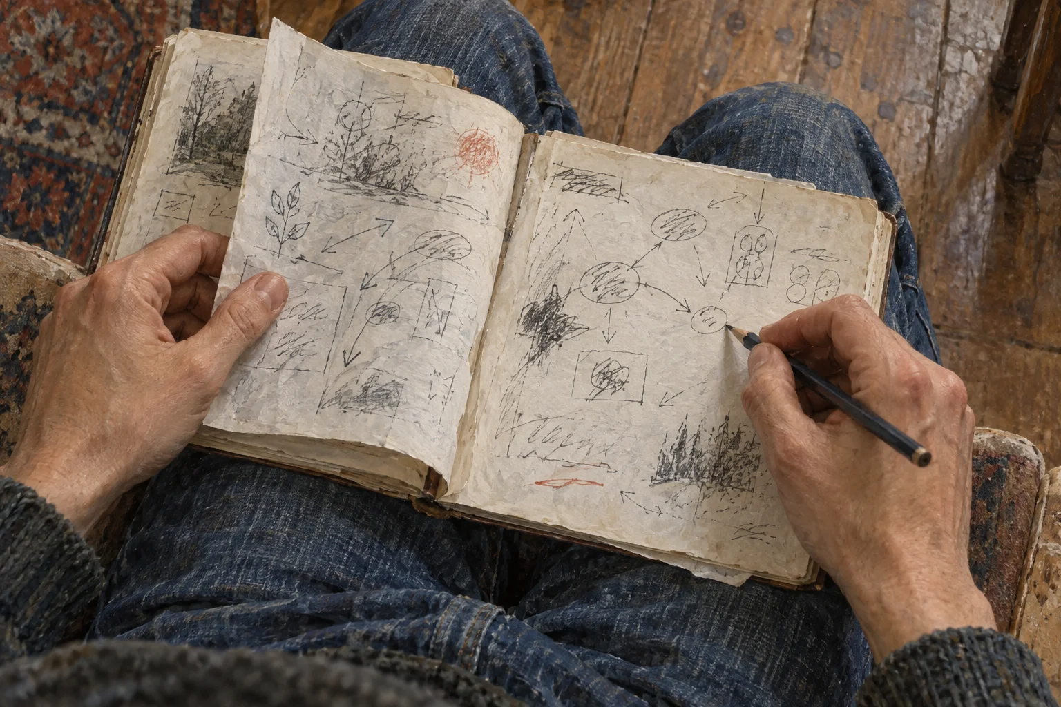 A person writes on a notebook in their lap while keeping an earlier folded page open alongside it.