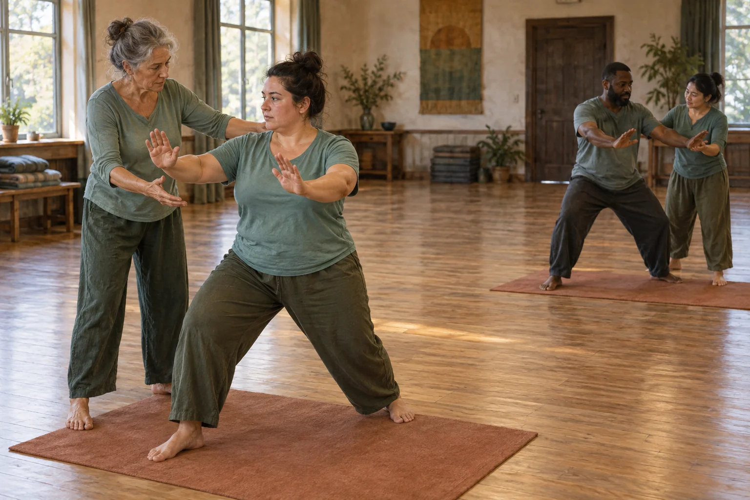 Two pairs practice a balance drill, with one person in each pair guiding the other’s posture.