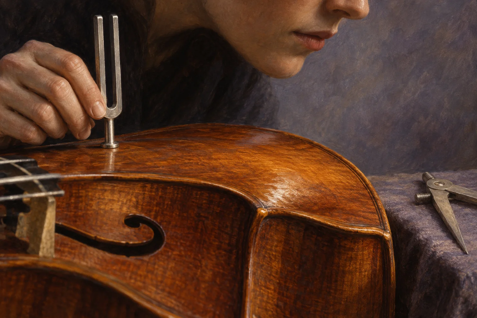A musician listens to a tuning fork against a string instrument while a pair of measuring dividers lies unused nearby.