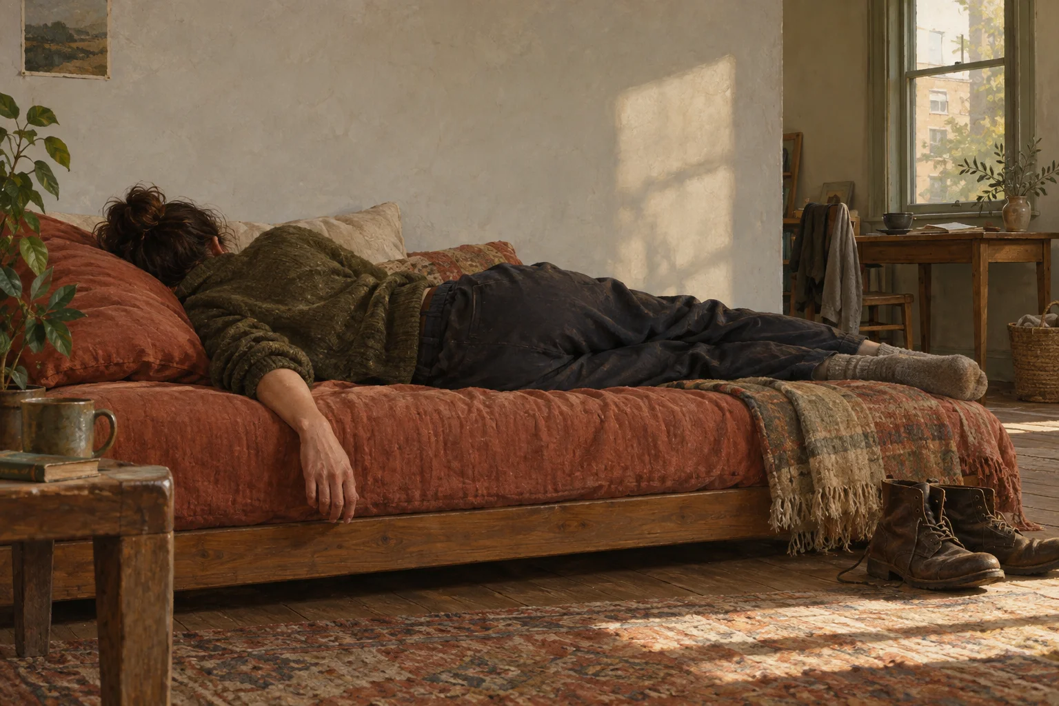 An adult rests on a low daybed in daylight, with work boots set aside nearby.