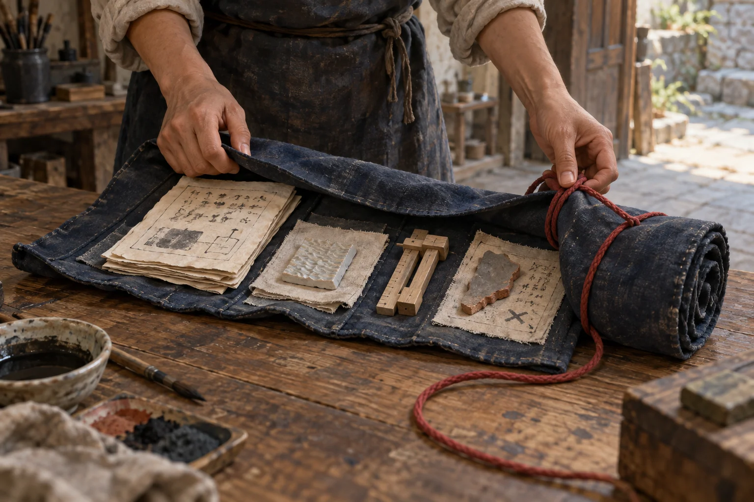 Hands tie a cloth roll around a procedure sheet, a finished sample, a gauge and a rejected fragment.