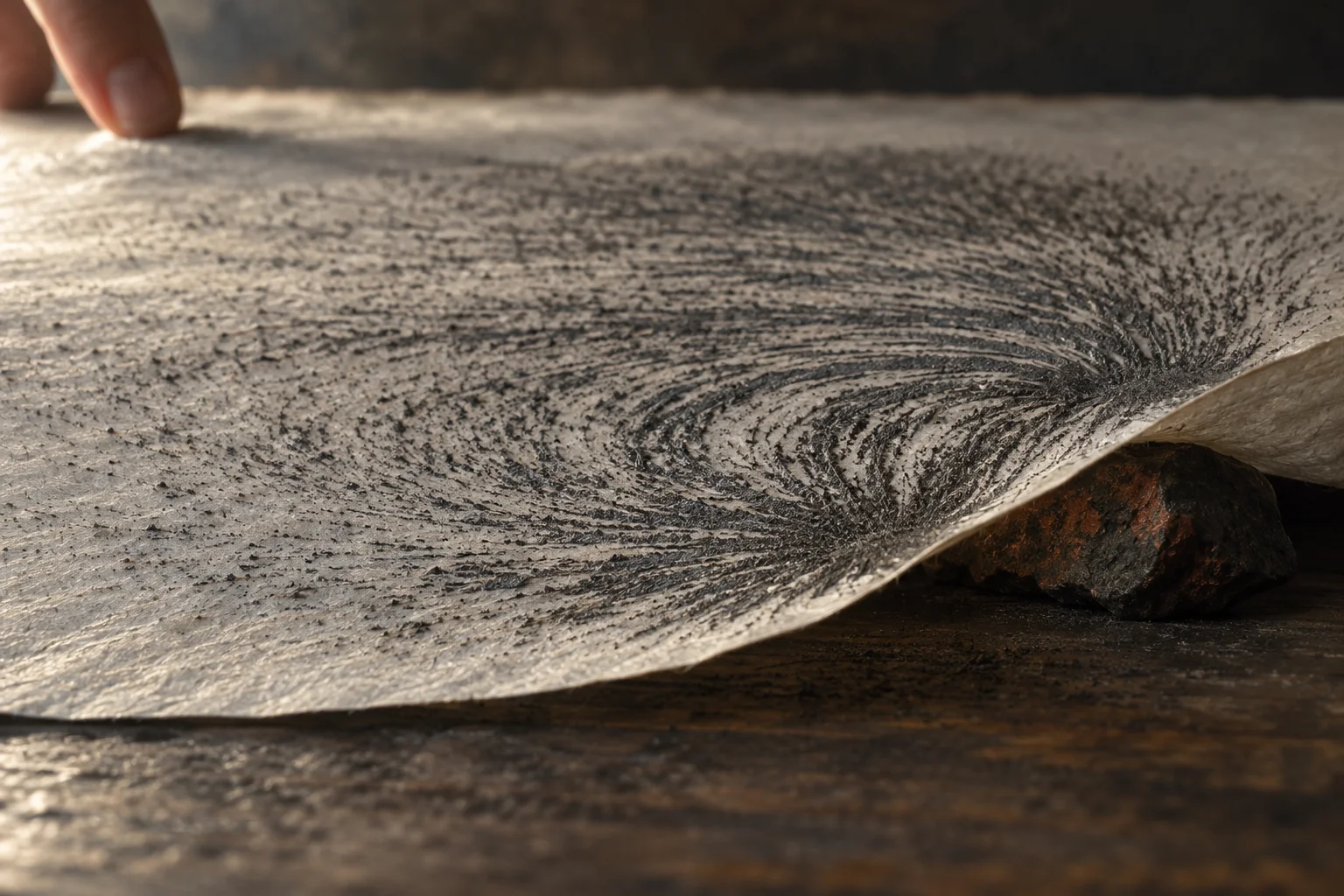 Iron filings form curved patterns on a sheet above a lodestone as someone gently taps its edge.