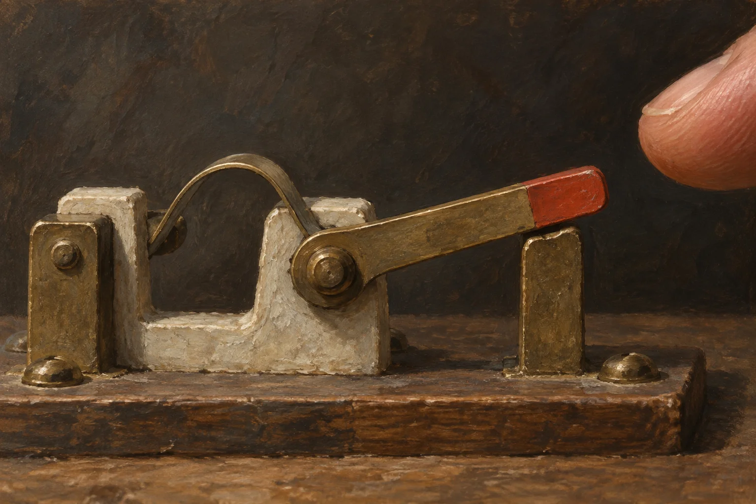 An exposed spring switch holds its position after the finger that moved it has withdrawn.