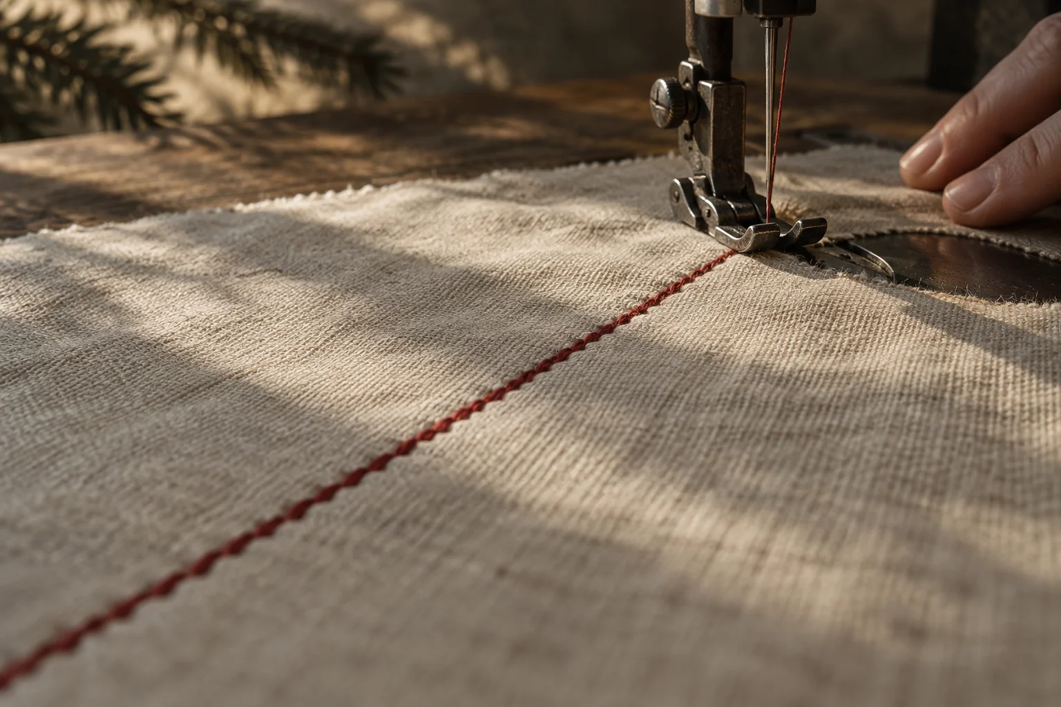 Cloth feeds through a sewing-machine foot and emerges with an even continuous seam.
