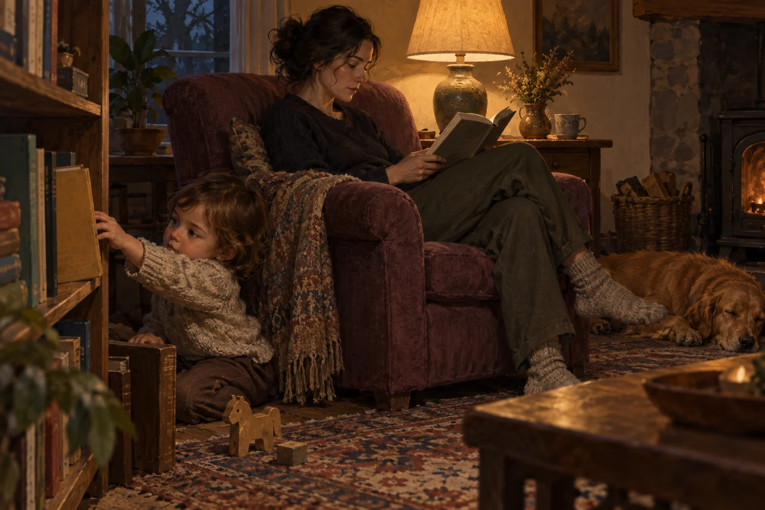 A child reaches for a book while an adult reads nearby, absorbed and unaware of being observed.