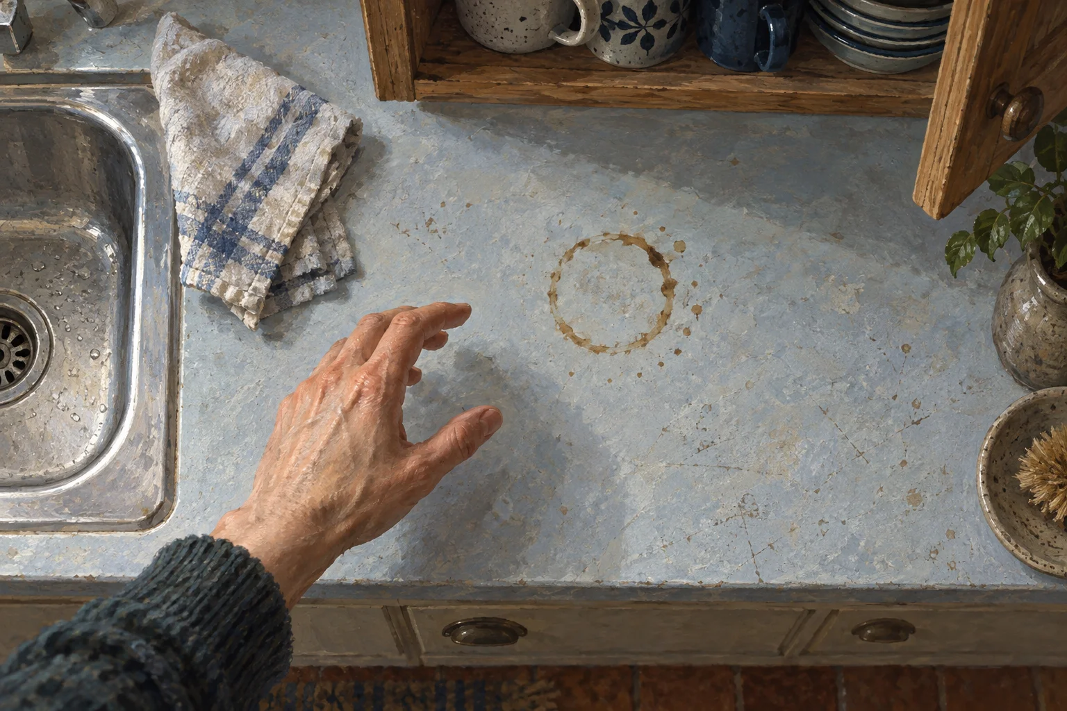 A reaching hand pauses above an empty mug ring on a kitchen counter.