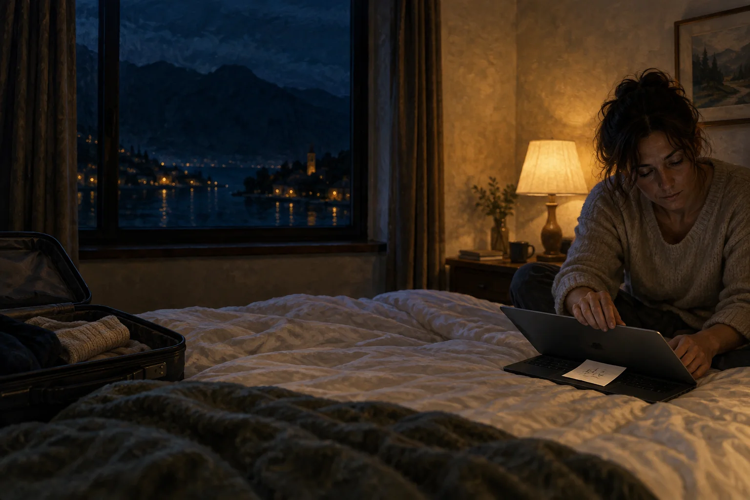 A person closes a laptop with a task card on its keyboard in a dark travel room.