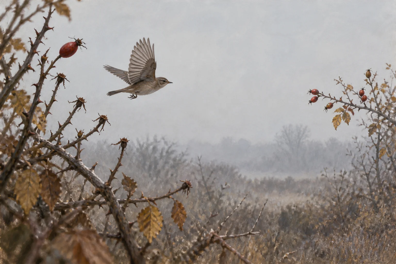 A small bird leaves a nearly stripped berry twig toward another fruiting branch across an open gap.