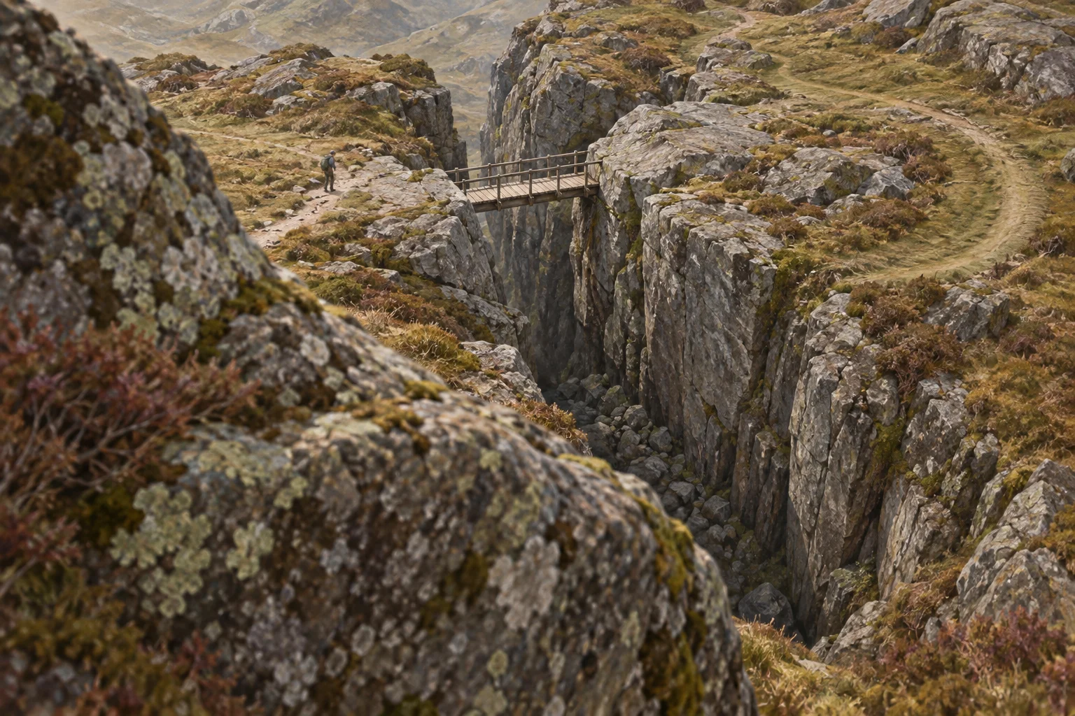 A walker beside a split boulder sees an old detour and a new bridge over the same steep cleft.