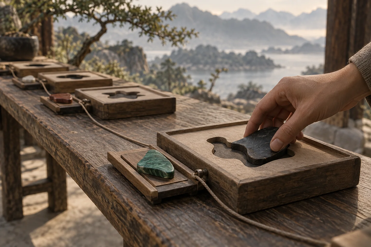 A hand matches a shaped token to a recess while a linked tray presents its replacement.