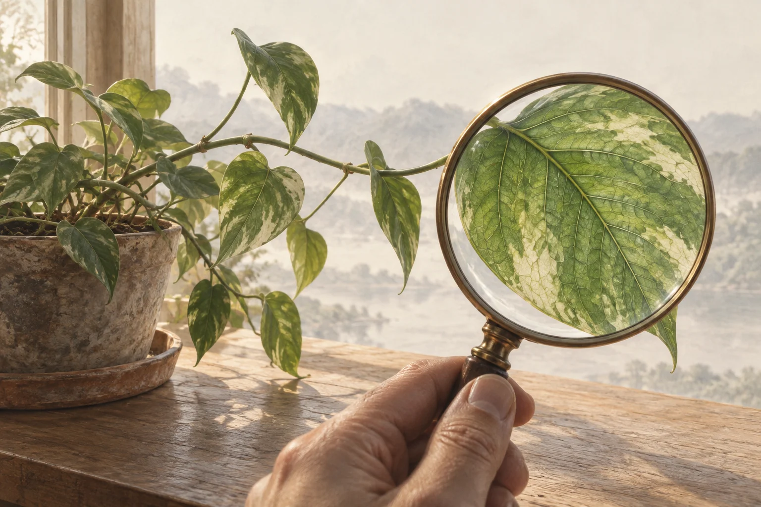 A hand lens reveals a leaf’s veins while the shape of the whole plant stays in view.