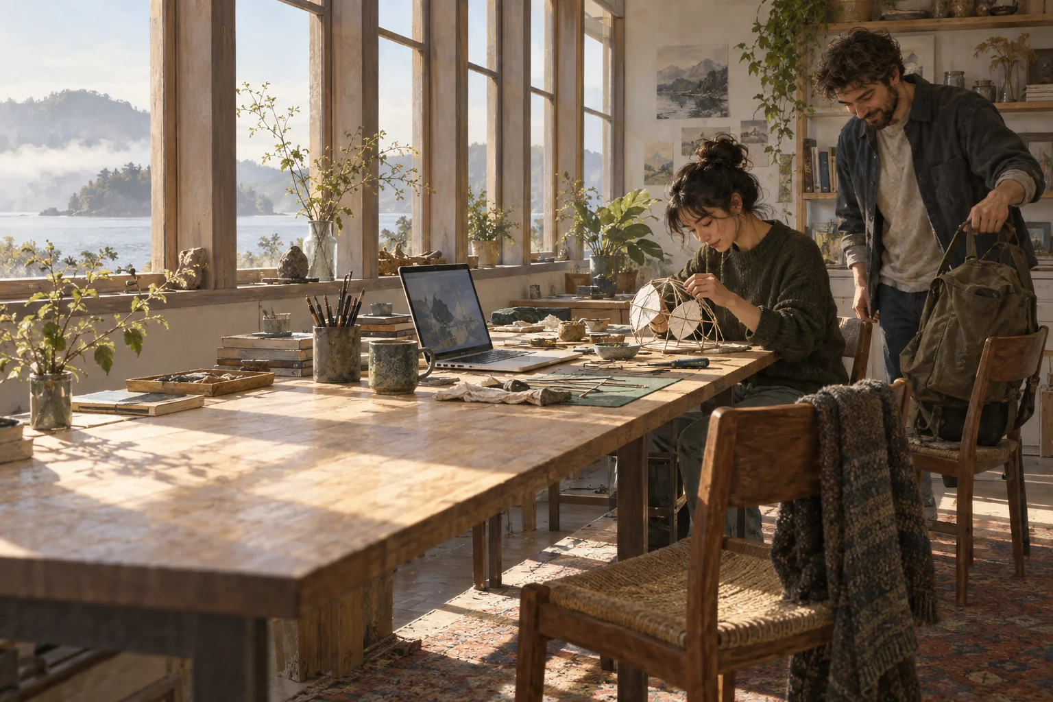 Two collaborators begin work at a prepared table in a regularly arranged studio.