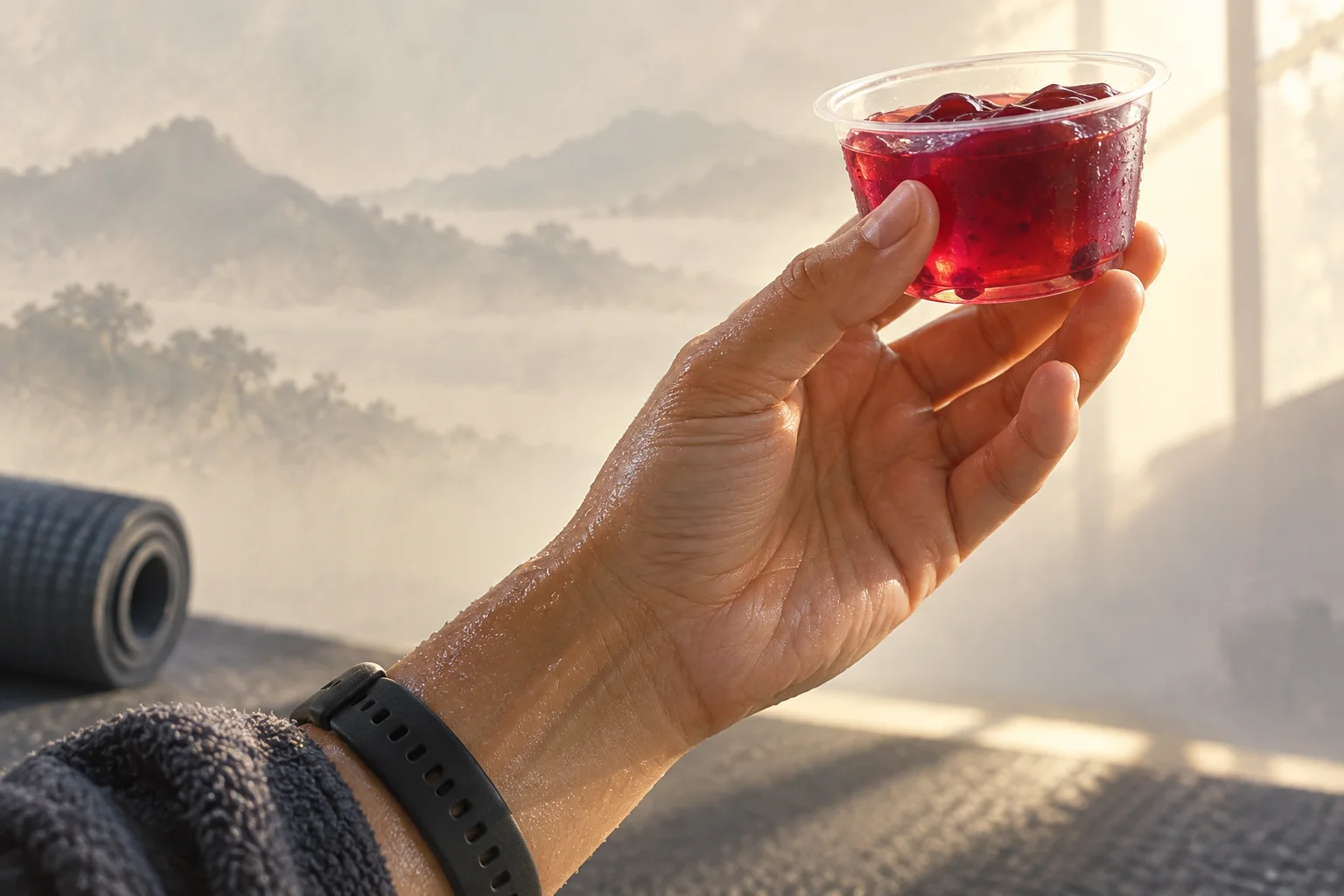A hand lifts a translucent jelly cup into the light, with only a faint edge of exercise equipment behind it.